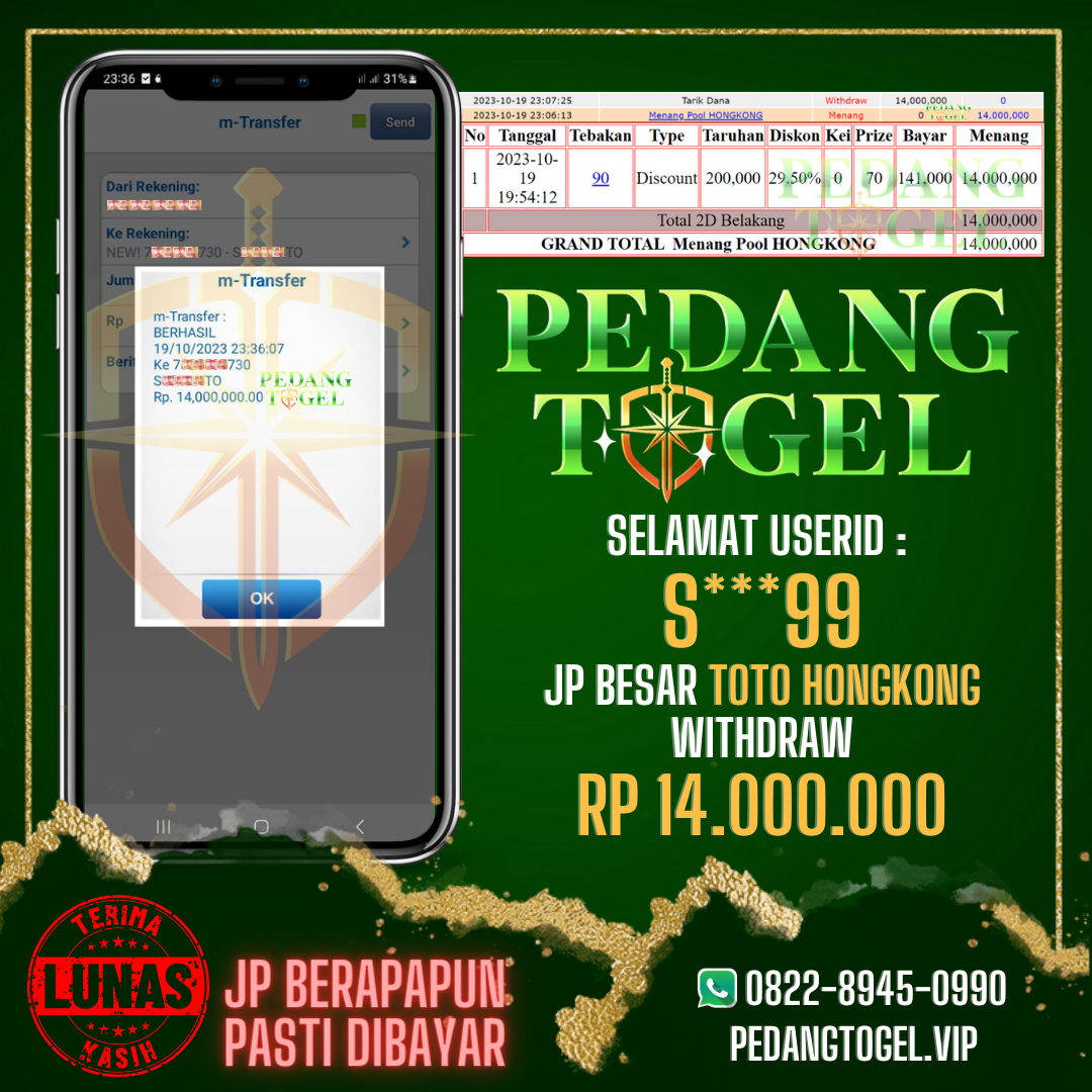 PEDANGTOGEL JACKPOT HONGKONG WITHDRAW 14.000.000