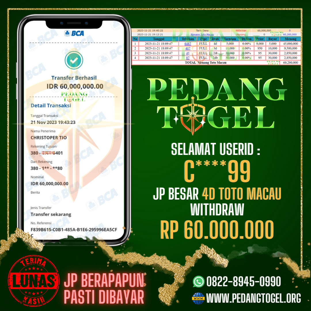 PEDANGTOGEL JACKPOT TOTO MACAU WITHDRAW 60.000.000