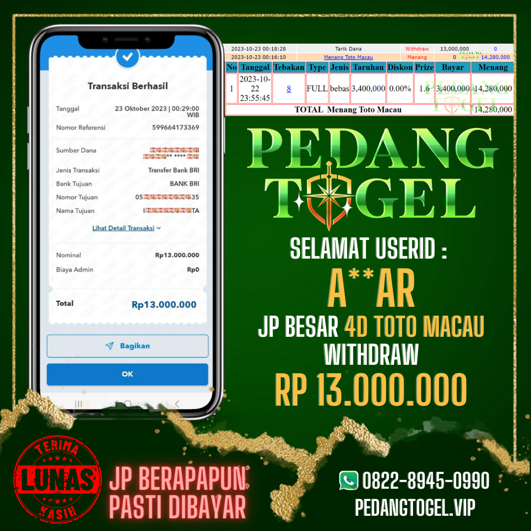 PEDANGTOGEL JACKPOT TOTO MACAU WITHDRAW 13.000.000