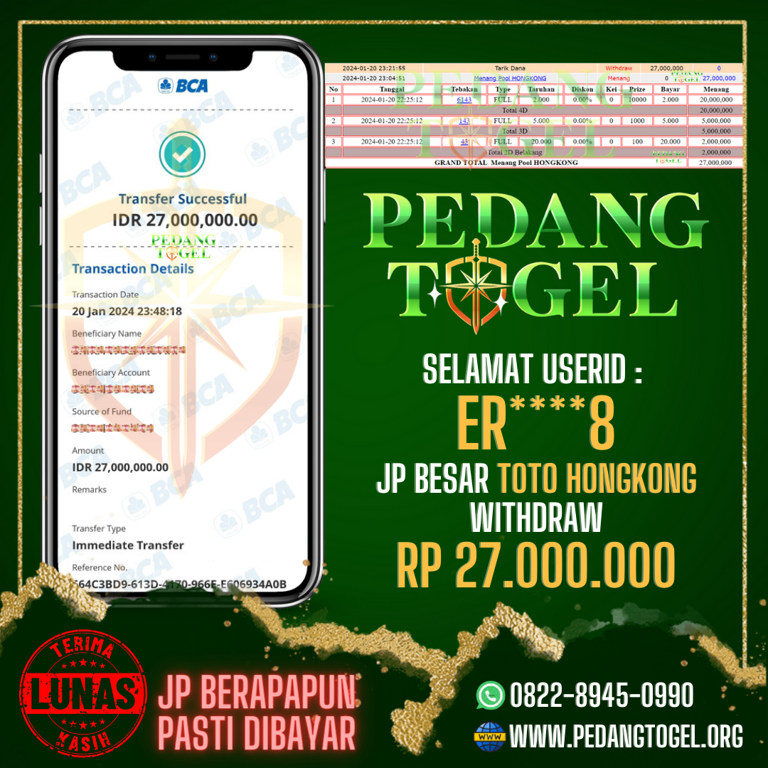 PEDANGTOGEL JACKPOT TOGEL HONGKONG WITHDRAW 27.000.000