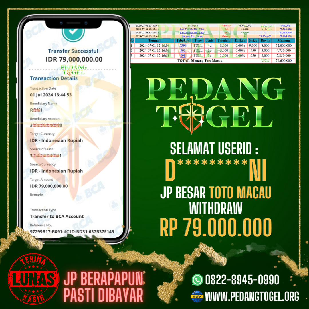 PEDANGTOGEL JACKPOT TOTO MACAU WITHDRAW 79.000.000