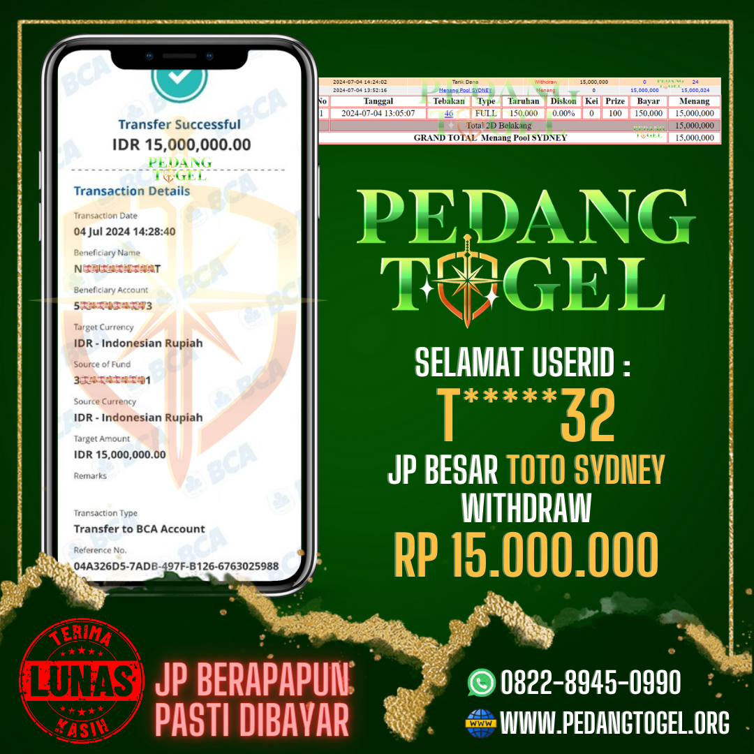 PEDANGTOGEL JACKPOT TOTO SYDNEY WITHDRAW 15.000.000