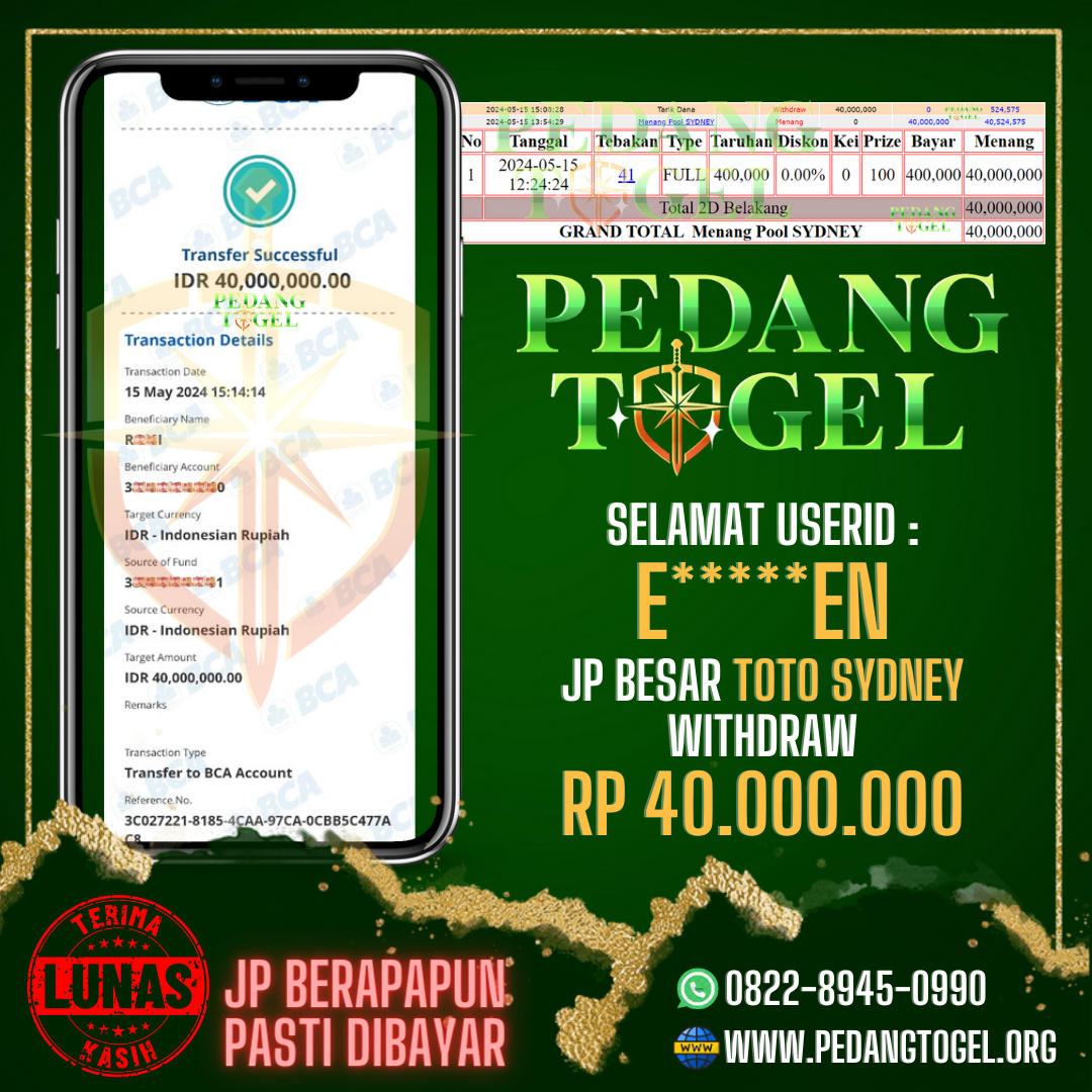 PEDANGTOGEL JACKPOT TOTO SYDNEY WITHDRAW 40.000.000