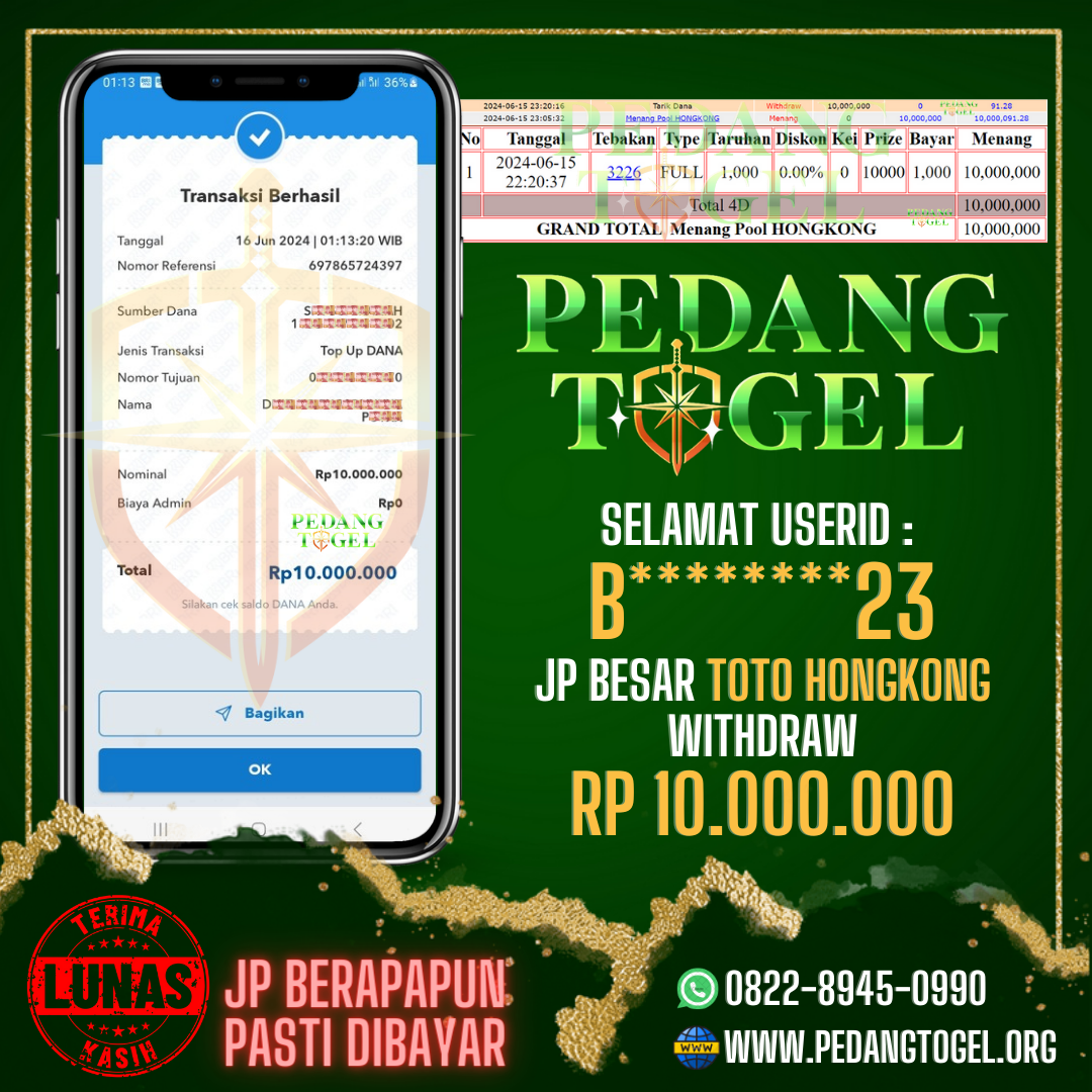 PEDANGTOGEL JACKPOT TOTO HONGKONG WITHDRAW 10.000.000