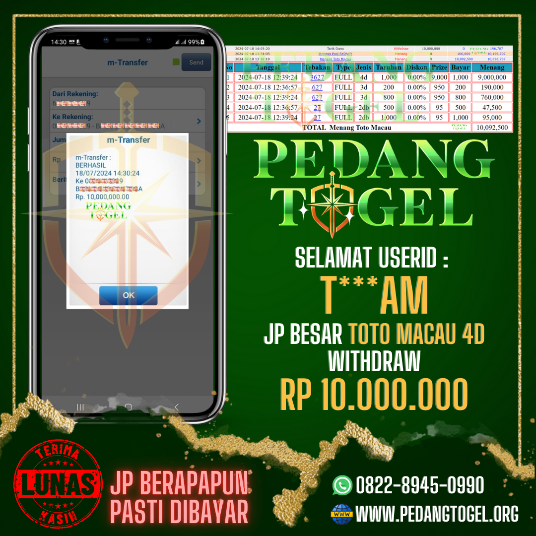 PEDANGTOGEL JACKPOT TOTO MACAU WITHDRAW 10.000.000