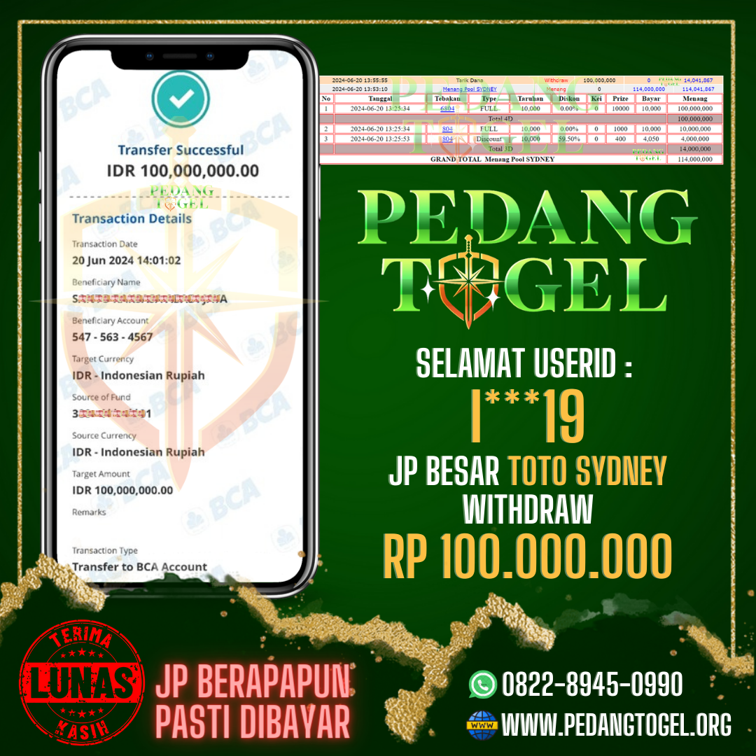 PEDANGTOGEL JACKPOT TOTO SYDNEY WITHDRAW 100.000.000