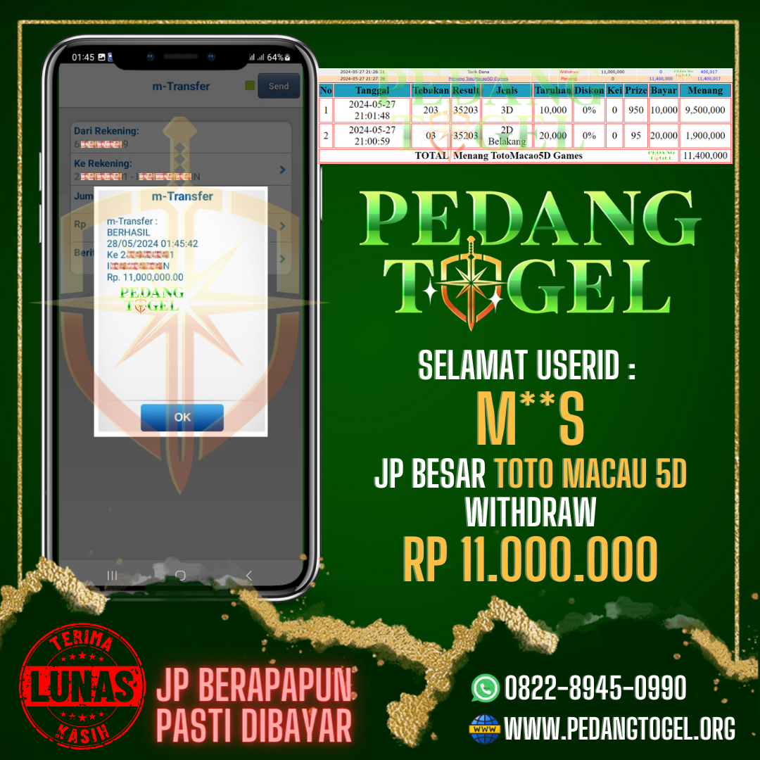 PEDANGTOGEL JACKPOT TOTO MACAU 5D WITHDRAW 11.000.000